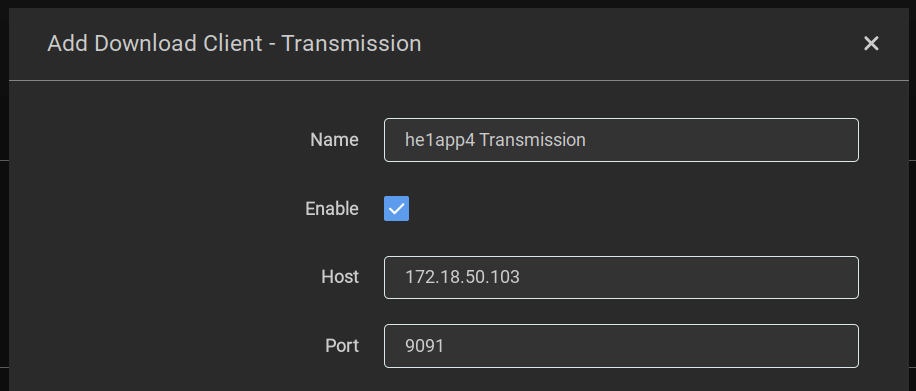 Radarr download client configuration dialogue