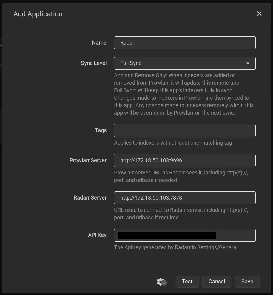 Prowlarr application configuration dialogue for Radarr