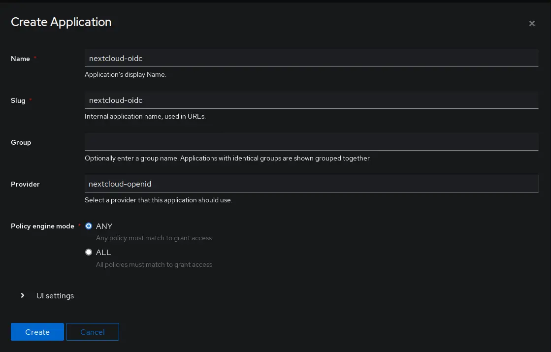 Screenshot of application creation dialog