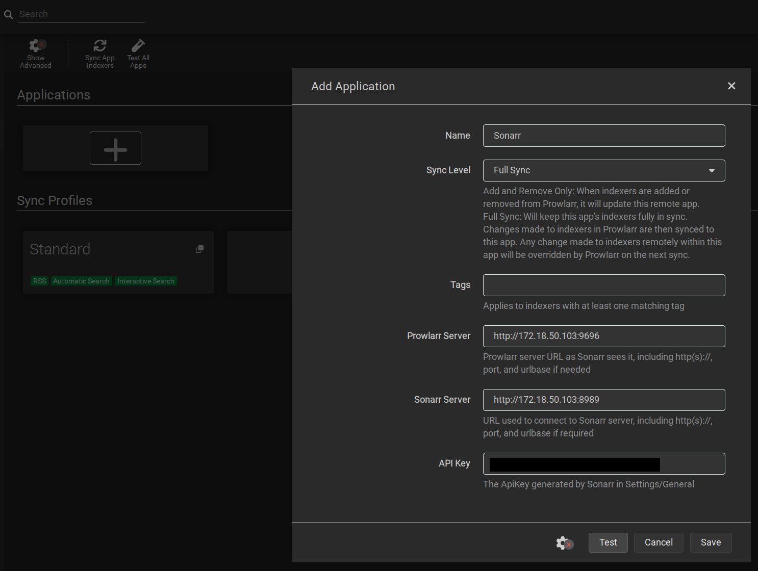 Prowlarr application configuration dialogue for Sonarr